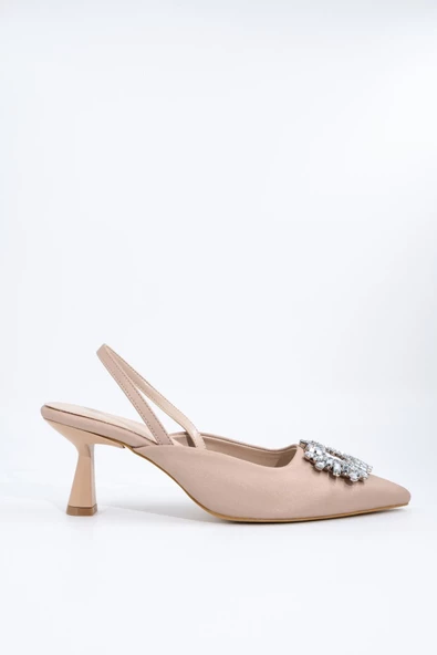 Ten Rengi Taşlı Arkası Açık Stiletto Kısa Topuklu Ayakkabı - Elizabeth - 2