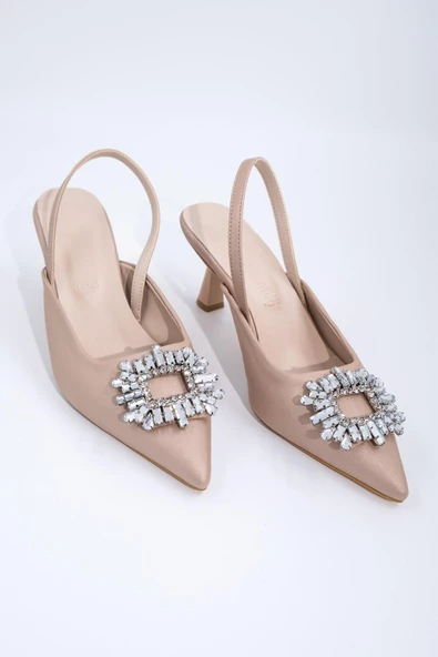 Ten Rengi Taşlı Arkası Açık Stiletto Kısa Topuklu Ayakkabı - Elizabeth - 4