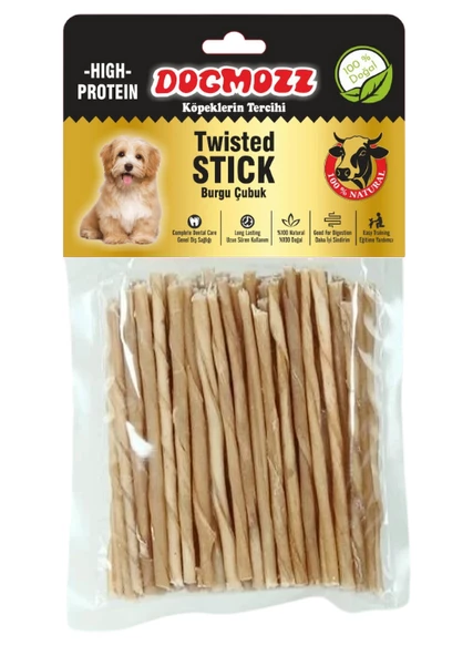 DogMozz Premium Deri Çubuk Burgu Stick Natural Kalın Boy Köpek Kemiği 50 Adet