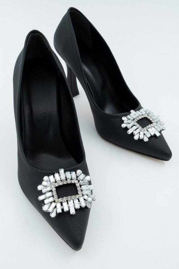 Siyah Saten Taşlı Stiletto Kadeh Topuklu Ayakkabı - Anjelik - 4