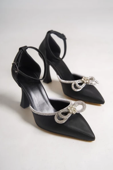 Siyah Saten Fiyonk Taşlı Stiletto Kadeh Topuklu Ayakkabı - Darley - Resim 4