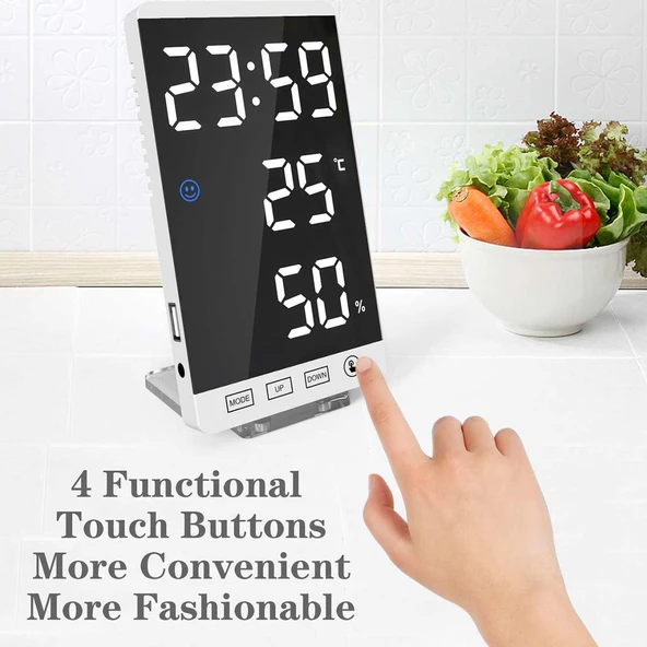 Valkyrie Aynalı LED Dereceli Nem Ölçer Alarmlı Masa Saati Beyaz - 9