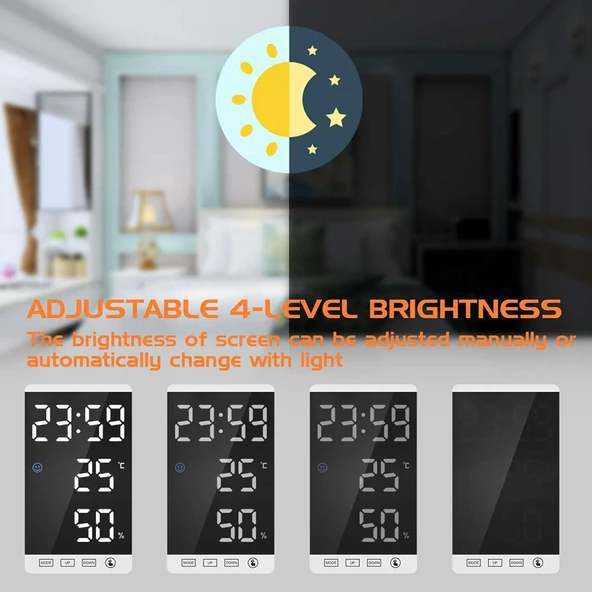 Valkyrie Aynalı LED Dereceli Nem Ölçer Alarmlı Masa Saati SİYAH - 11