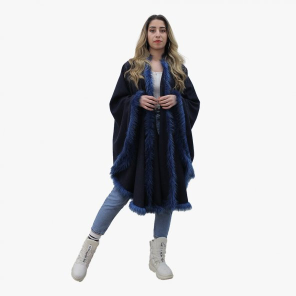 Mavi peluşlu lacivert uzun şal