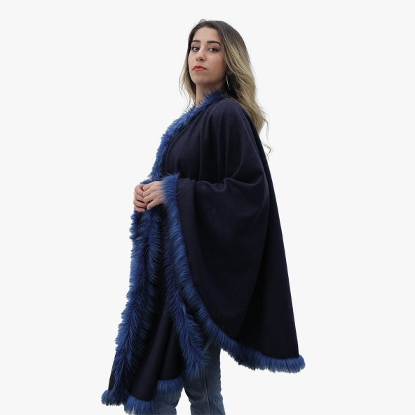 Mavi peluşlu lacivert uzun şal - 3