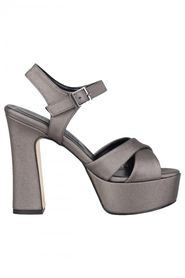 Platin Gri Saten Kalın Platform Topuklu Yüksek Ayakkabı - Margarita - 2