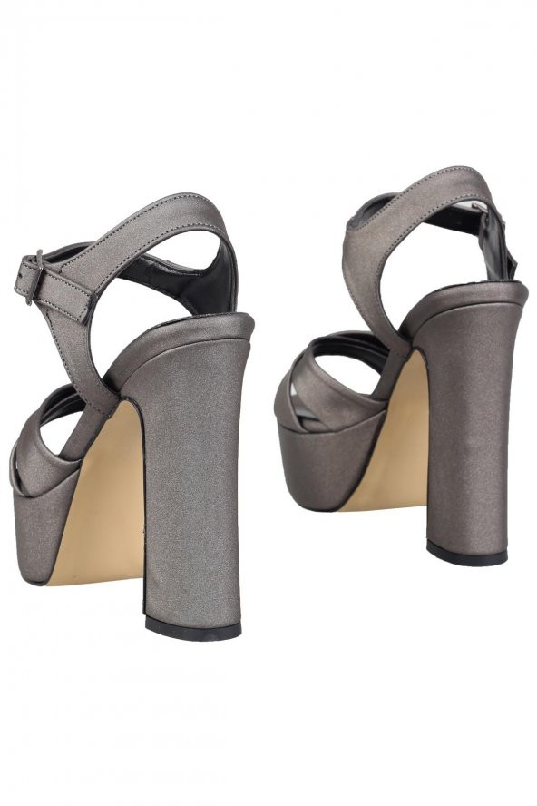 Platin Gri Saten Kalın Platform Topuklu Yüksek Ayakkabı - Margarita - 4