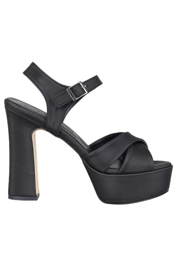 Siyah Saten Kalın Platform Topuklu Yüksek Ayakkabı - Margarita - 2
