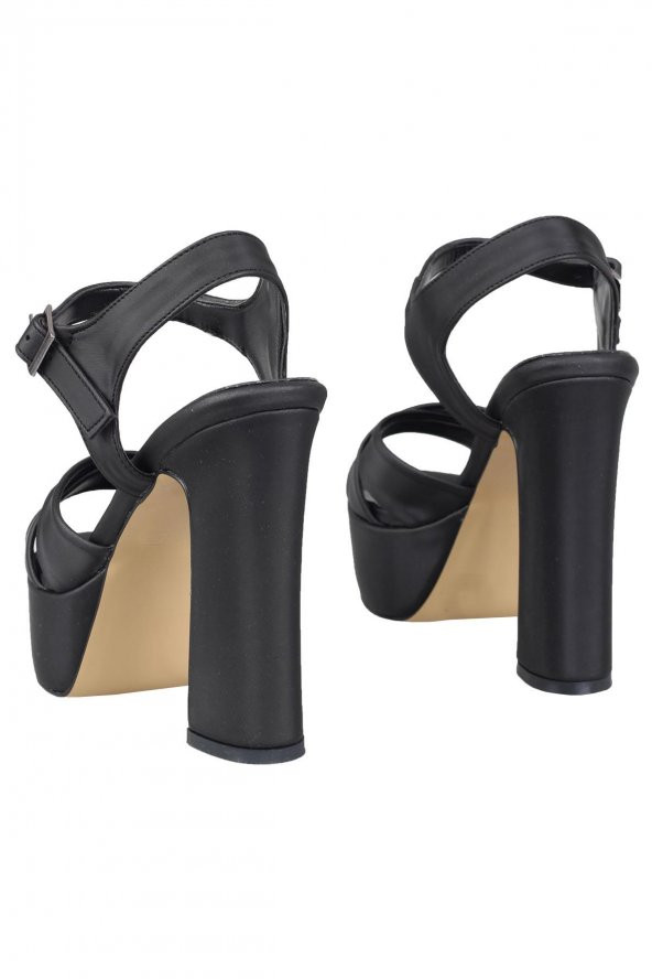 Siyah Saten Kalın Platform Topuklu Yüksek Ayakkabı - Margarita - 4