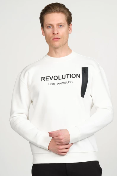 Erkek Bisiklet Yaka Önü Baskılı Fermuar Detaylı Pamuklu 3 İplik Şardonlu Kalın Sweatshirt