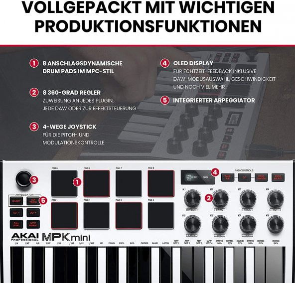 AKAI Professional MPK Mini MKIII - 8 Arkadan Aydınlatmalı Davul Pedli 25 Tuşlu USB MIDI Klavye - 3