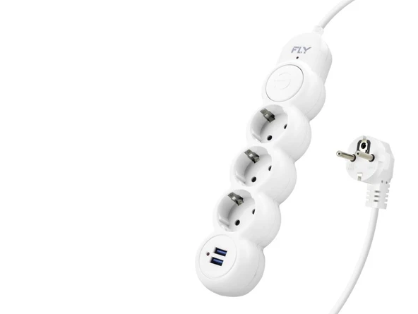 Termal Akım Korumalı Uzatma Kablosu 3 Priz + 2X Usb 2.1A Anahtarlı 2 M - Beyaz 3393-01