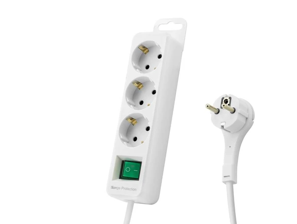 Akım Korumalı Uzatma Kablosu 3 Priz Anahtarlı 306 Joule 3G1.0Mm Tam Bakır 1.5M - Beyaz SPGF03
