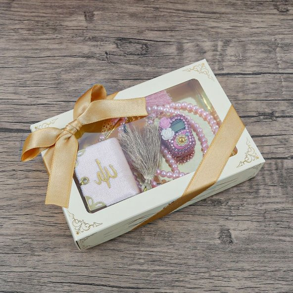 Hediyelik Mini Kuran-ı Kerim & Lüks Taşlı Zikirmatik & İnci Tesbih Hediye Seti - Pembe - 5