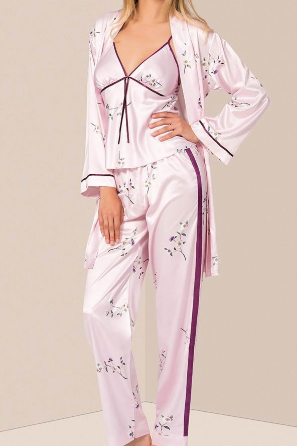 Nipora Kadın Pudra 3 lü Saten Sabahlıklı Pijama Takım 017 - 3