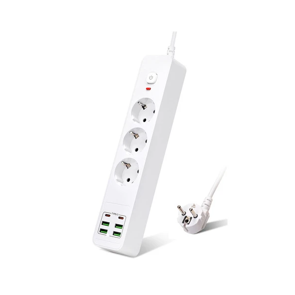 HEPU HP-H11 4x USB 2x Type-C 3lü 2mt Kablolu 18W Akım Korumalı Grup Priz 13000W