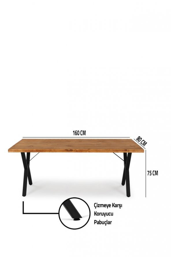 160x80 Doğal Ladin Ahşap Kütük Ağaç Masa Açık Üçgen Çapraz Ayak - 5