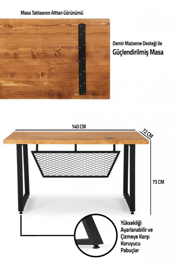 140x70 Doğal Ahşap Kütük Ofis Çalışma Masası Eğik U Ayak - 5