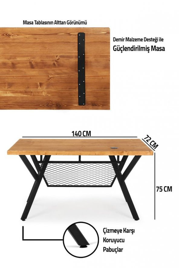 140x70 Doğal Ahşap Kütük Ofis Çalışma Masası 4lü Y Ayak - 5