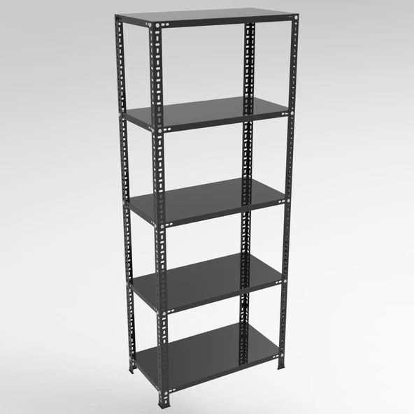 5 Katlı Siyah Çelik Raf - Depo, Arşiv, Kiler, Dosya, Market Rafı  20x60 cm 200 cm 0.70 mm ürün görseli 1