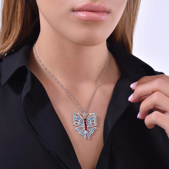 925 Ayar Gümüş Kırmızı Kelebek Modeli Telkâri Kolye ürün görseli