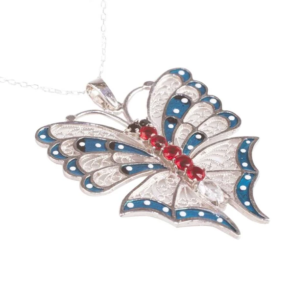 925 Ayar Gümüş Kırmızı Kelebek Modeli Telkâri Kolye - Resim 4