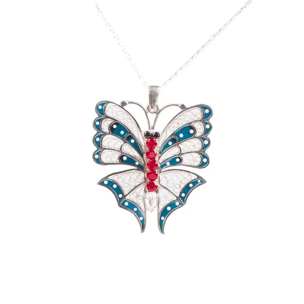 925 Ayar Gümüş Kırmızı Kelebek Modeli Telkâri Kolye - Resim 5