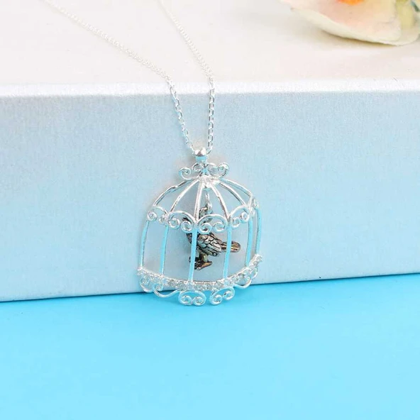 925 Ayar Gümüş Kafeste Kuş Kolyesi - Resim 3