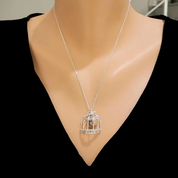 925 Ayar Gümüş Kafeste Kuş Kolyesi - Resim 2