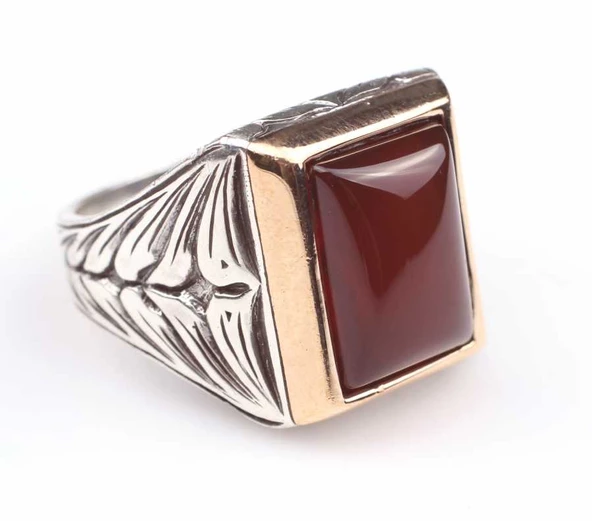 925 Ayar Gümüş ve Bronz Dikdörtgen Akik Taşlı İşlemeli Erkek Yüzük - Resim 2