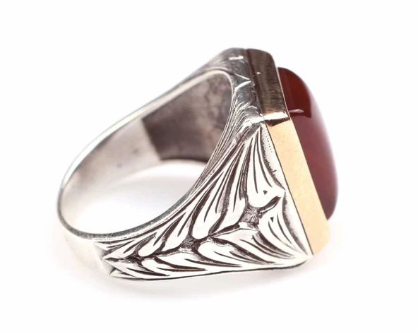 925 Ayar Gümüş ve Bronz Dikdörtgen Akik Taşlı İşlemeli Erkek Yüzük - Resim 3