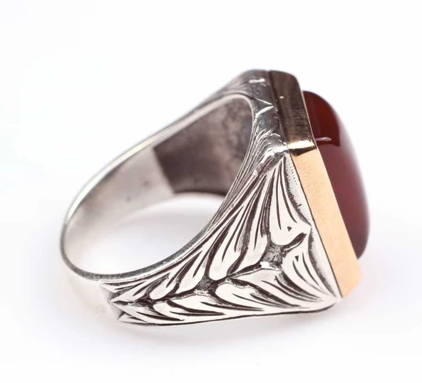 925 Ayar Gümüş ve Bronz Dikdörtgen Akik Taşlı İşlemeli Erkek Yüzük - Resim 4