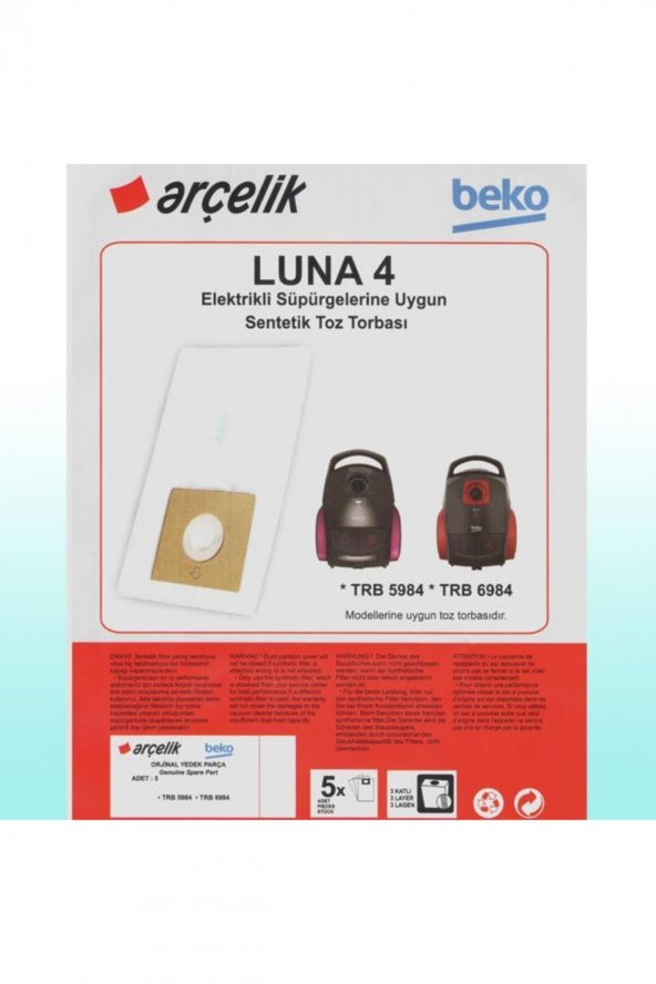 ARÇELİK Trb 5984 Süpürge Modeli 5 Adet Toz Torbası