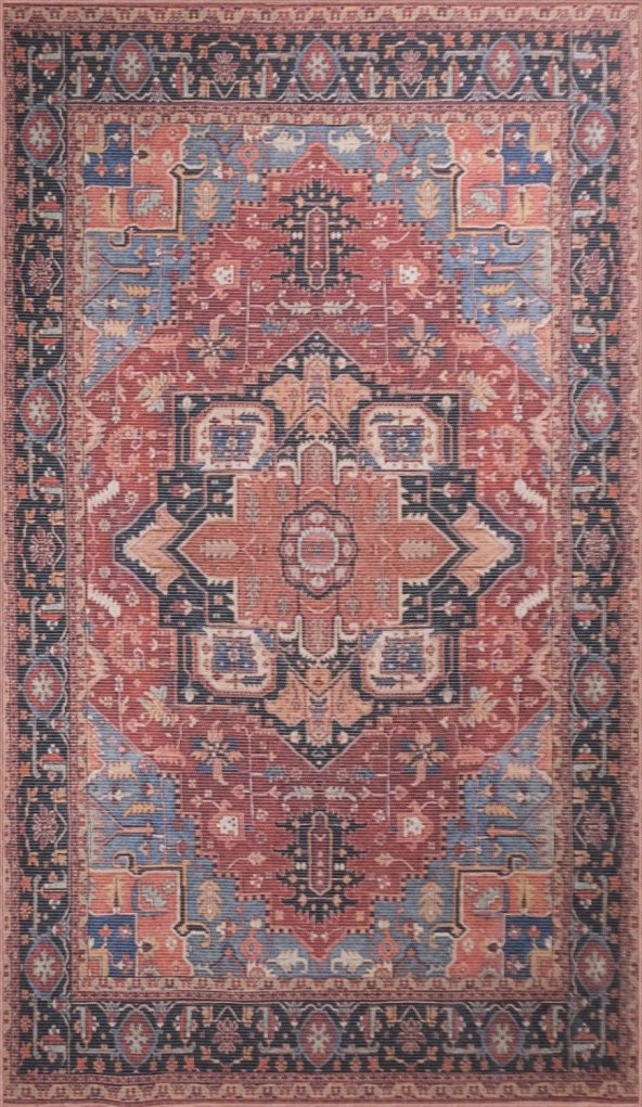 Vintage Eskitme Desenli Makinede Yıkanabilir Salon Halısı, Kilim 150 x 220 cm