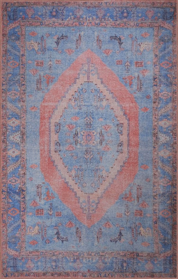 Vintage Madalyon Eskitme Desenli Makinede Yıkanabilir Salon Halısı, Kilim 153 x 216cm