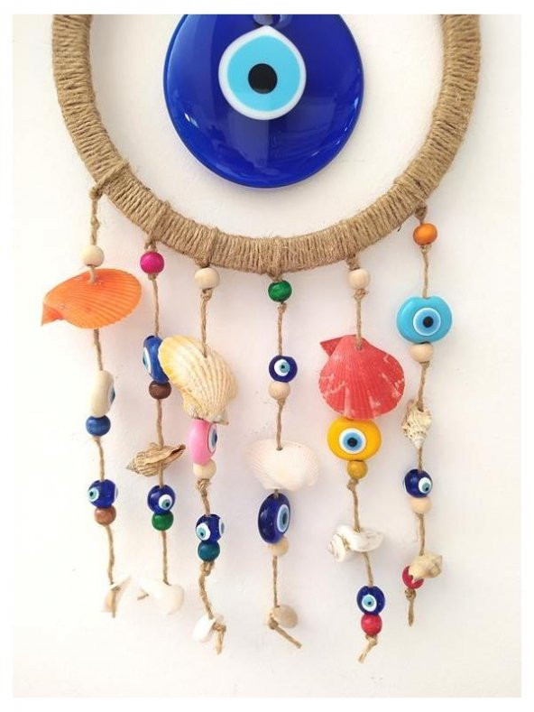 Nazar Boncuklu Hasır Deniz Kabuklu Duvar Süsü Rüzgar Çanı - 4