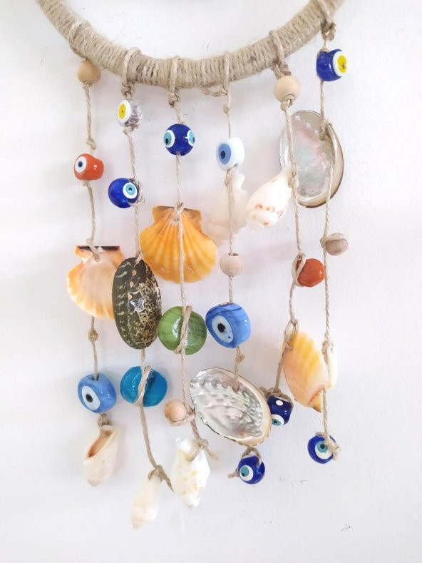 Nazar Boncuklu Hasır Deniz Kabuklu Duvar Süsü Rüzgar Çanı - 6