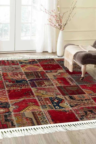 Kırmızı Vintage Baskılı Şönil Halı Saçaklı Kilim - 4