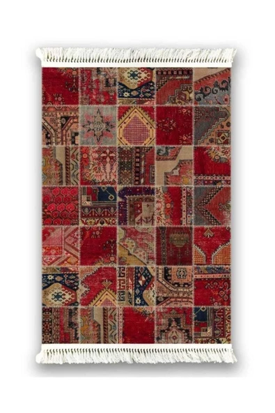 Kırmızı Vintage Baskılı Şönil Halı Saçaklı Kilim