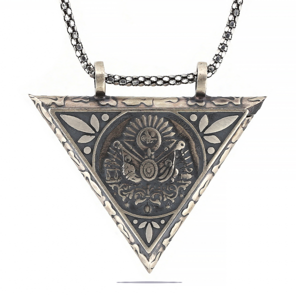 Gümüş Üçgen İçi Açılabilen Osmanlı Arma Muskalık Kolye - Resim 3