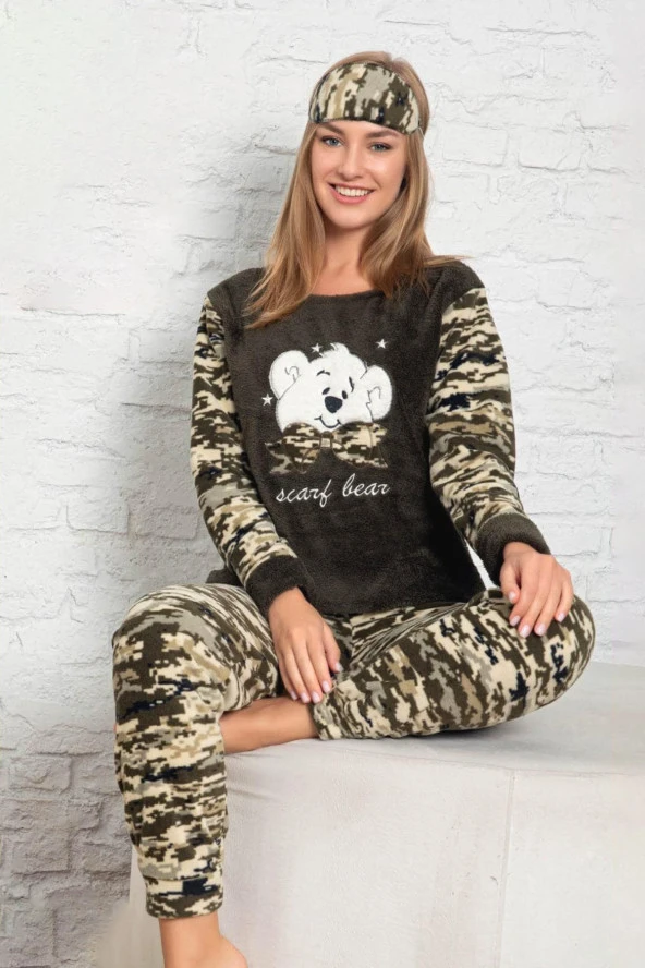 Kadın Yeşil Renk Kamuflaj Desenli Polar Kumaş AZL-6206 Pijama Takımı