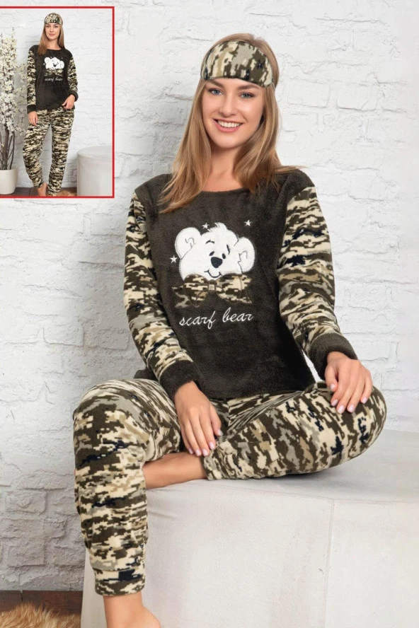 Kadın Yeşil Renk Kamuflaj Desenli Polar Kumaş AZL-6206 Pijama Takımı - 2