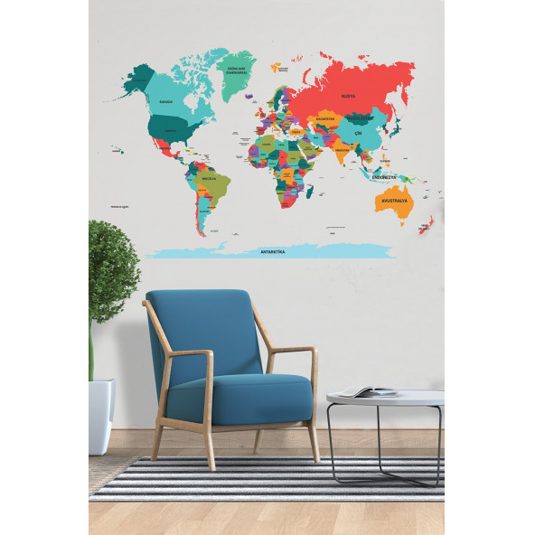 Türkçe Şeffaf Renkli Dünya Haritası - Yapışkansız Tutunan Akıllı Kağıt & Silgili Tahta Kalemi