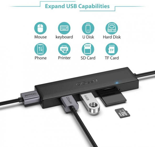 Qgeem Usb Hub 0.2M Usb Çoğaltıcı 3.0 Sd - Micro Sd Kart Çıkışı QG-UH05 - 2