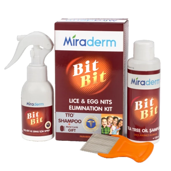 Miraderm Bit Bit Sprey 100 ml - Miraderm Tea Tree Oil Şamuan 150 ml + Metal Tarak Hediye (Islak Saçlar İçin)