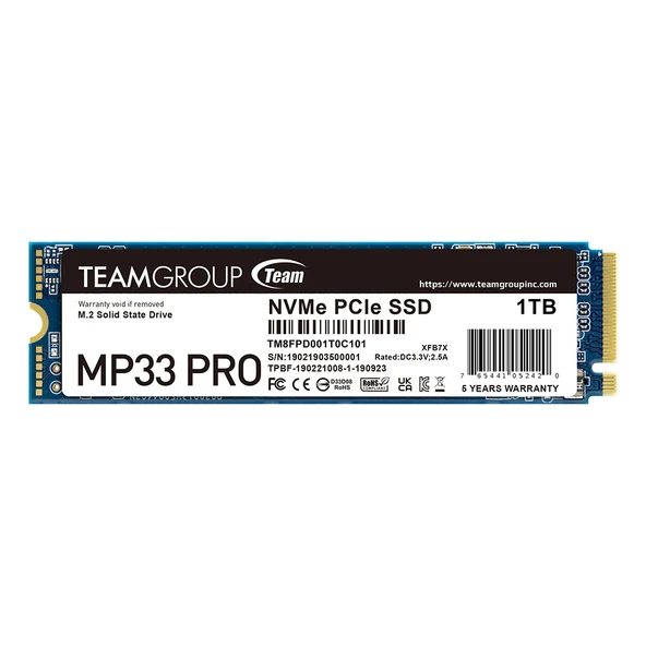 Team MP33 Pro 1TB 3500/3000MB/s NVMe PCIe Gen3x4 M.2 SSD Disk  (TM8FPD001T0C101)