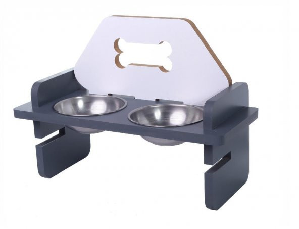 Woodylife Gri Beyaz Kemik Desenli Yüksekliği Ayarlanan Kedi ve Köpek Mama ve Su Kabı Çelik Kaseli - 2