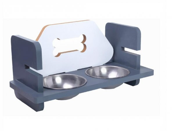 Woodylife Gri Beyaz Kemik Desenli Yüksekliği Ayarlanan Kedi ve Köpek Mama ve Su Kabı Çelik Kaseli - 3