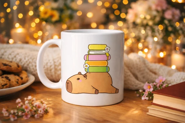 Sevimli Kapibara Kitaplı Kupa MODEL 101 – Kahve & Çay Kupası Kitap Severlere Özel Tatlı Tasarım Porselen Kupa