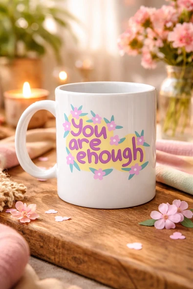 You Are Enough Yazılı Porselen Kupa MODEL 125 – Motive Edici Mesajlı, Çiçek Desenli, Sevdiklerine Anlamlı Hediye